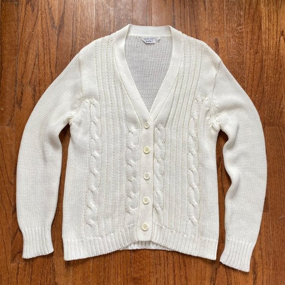Vintage Women Cardigan Sweater Size Large Ivory Cableknit Varsity Boho 90s - Picture 1 of 13